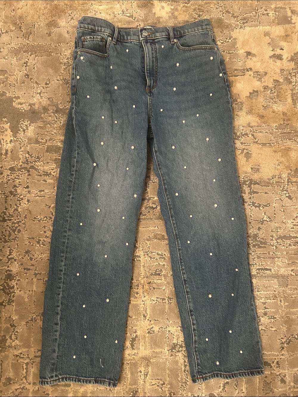 LOFT Mid-Blue Straight-Leg Jeans with Pearl Embellishments